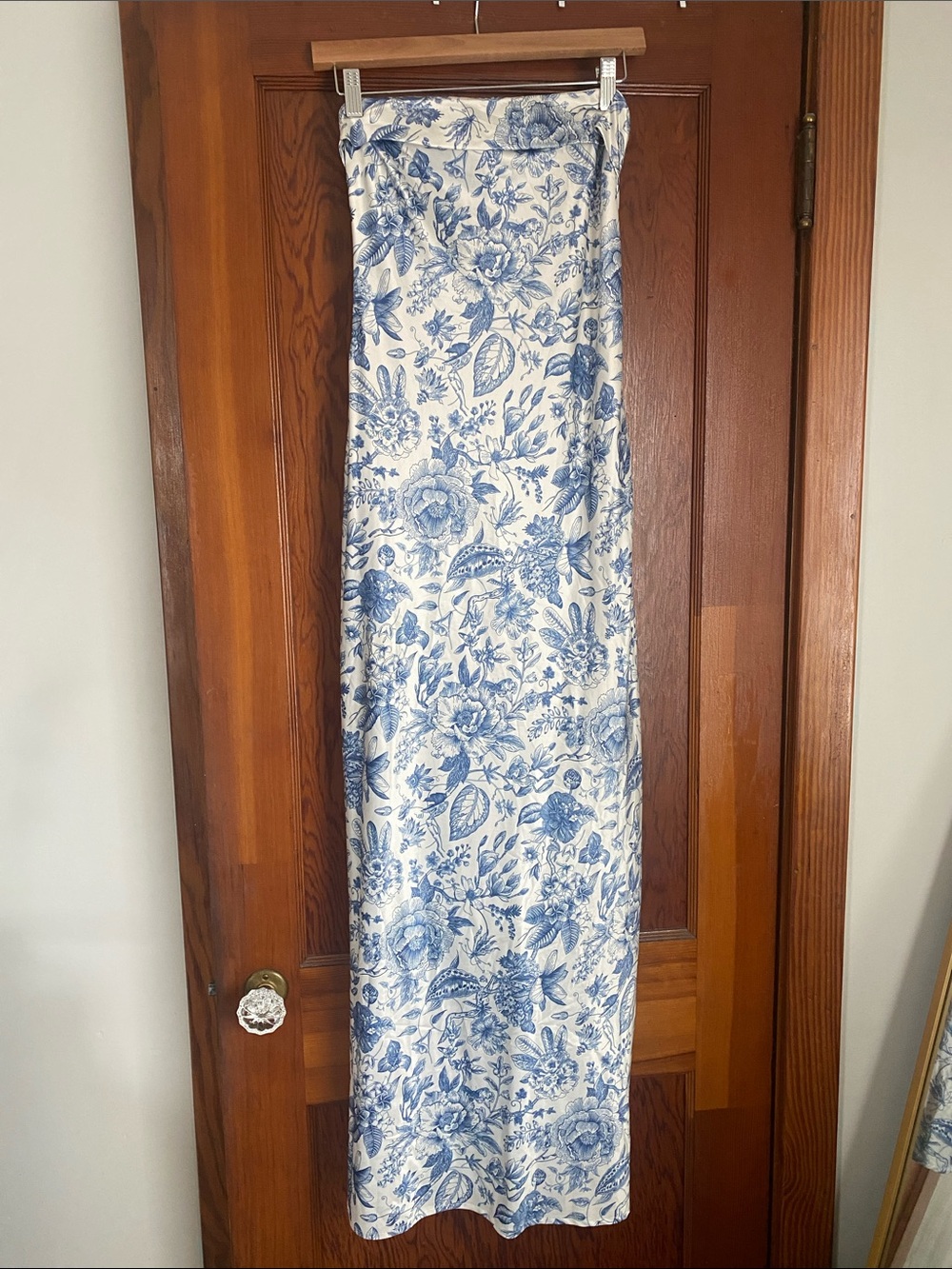 Peppermayo White and Blue Floral Strapless Maxi Dress